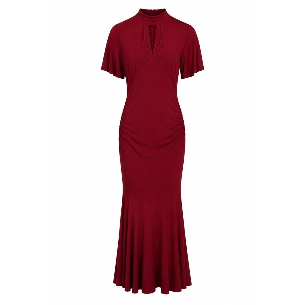 Lulus Delilah Brick Red Short Sleeve Keyhole Ruched Midi Dress Size M NWT
